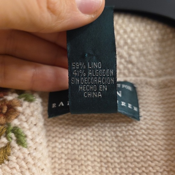 RALPH LAUREN WOMENS  HAND KNIT CARDIGAN SWEATER BEIGE EMBROIDERED COTTON MEDIUM - Picture 8 of 9